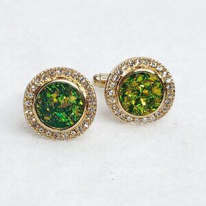 Vintage Rhinestone Cufflinks Gold Tone Green Opalescent Sparkles